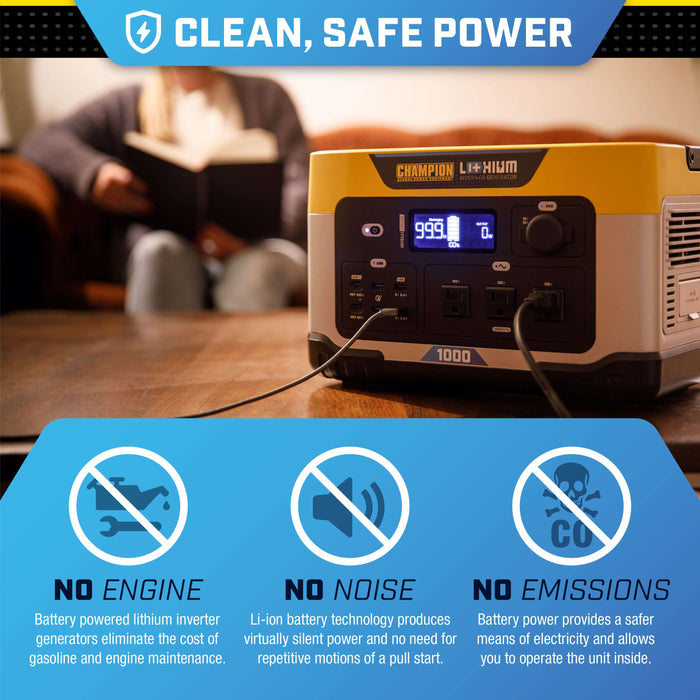 Champion 201260 1000W/2000W Solar Generator 998Wh Lithium-Ion Power Station New - Detail View