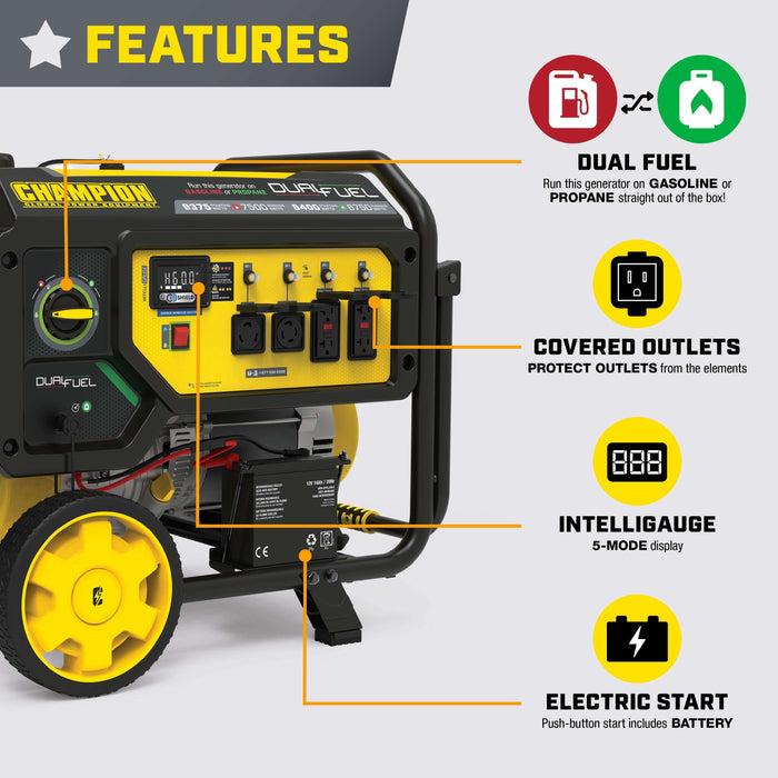 Champion 201281 7500W/9375W Generator Dual Fuel Gas Propane CO Shield Electric Start New - Dimensions