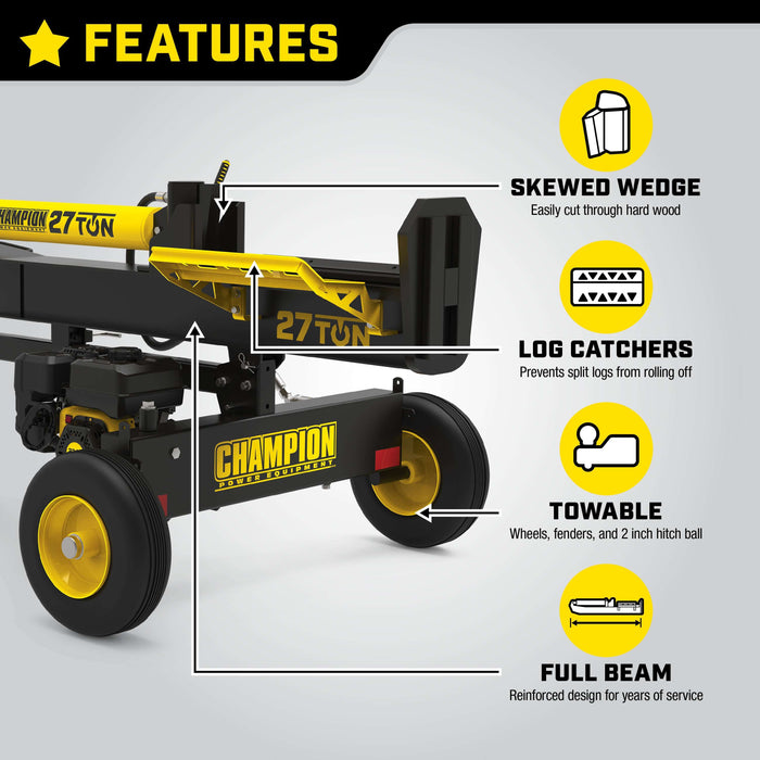 Champion 201312 27-Ton Log Splitter Horizontal/Vertical Full Beam Gas with Auto Return New - Close-Up