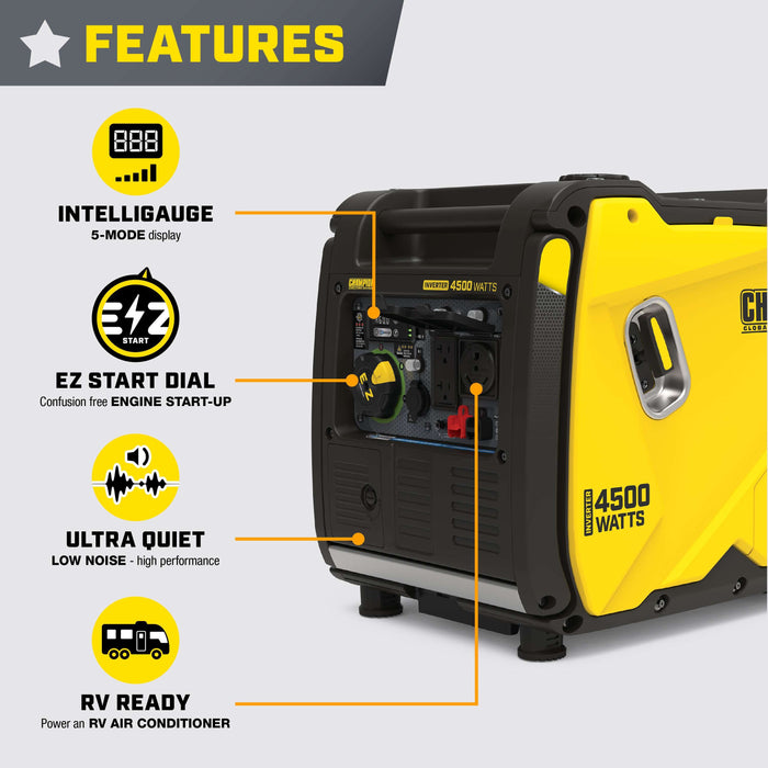 Champion 201318 3500W/4500W Generator Gas Inverter Low THD CO Shield New - Lifestyle View
