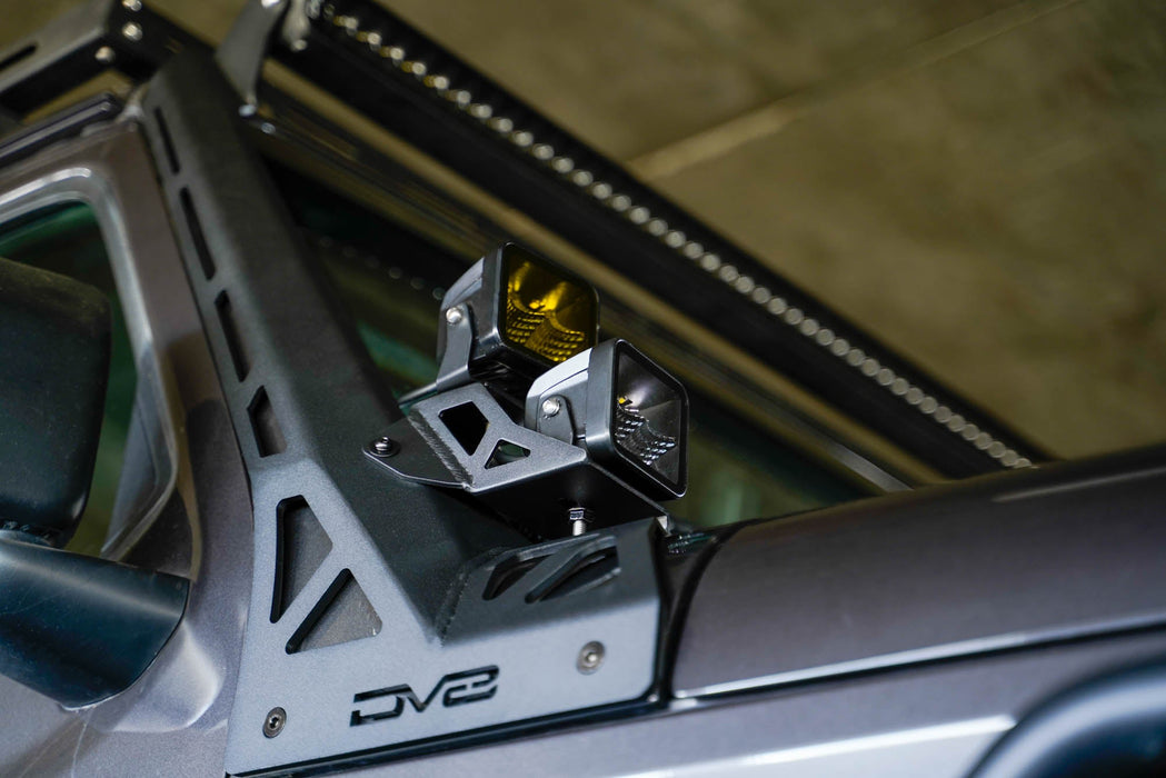 DV8 Offroad 2018-2026 Jeep Wrangler JL & Gladiator JT A-Pillar Dual Light Pod Mounts – installed on vehicle, image 7 of 14