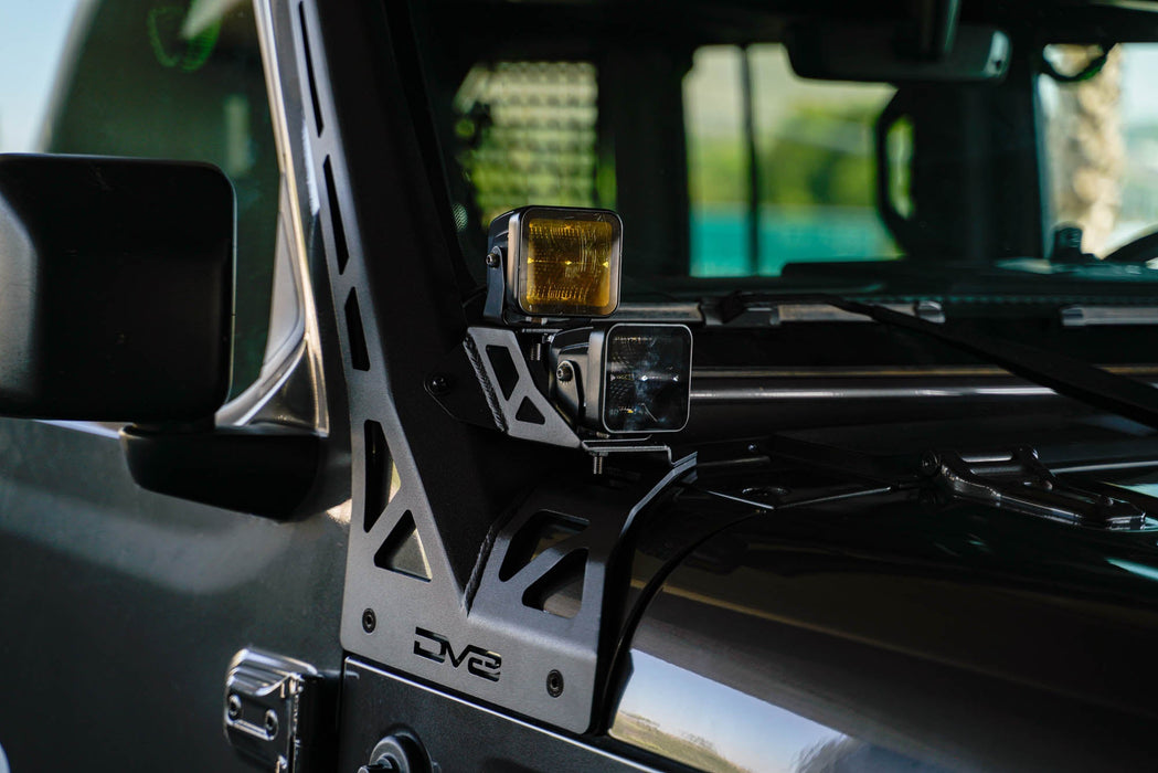 DV8 Offroad 2018-2026 Jeep Wrangler JL & Gladiator JT A-Pillar Dual Light Pod Mounts – installed on vehicle, image 10 of 14