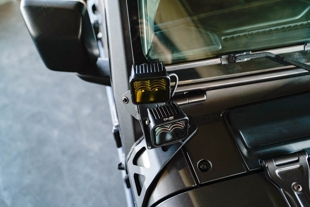 DV8 Offroad 2018-2026 Jeep Wrangler JL & Gladiator JT A-Pillar Dual Light Pod Mounts – installed on vehicle, image 2 of 14