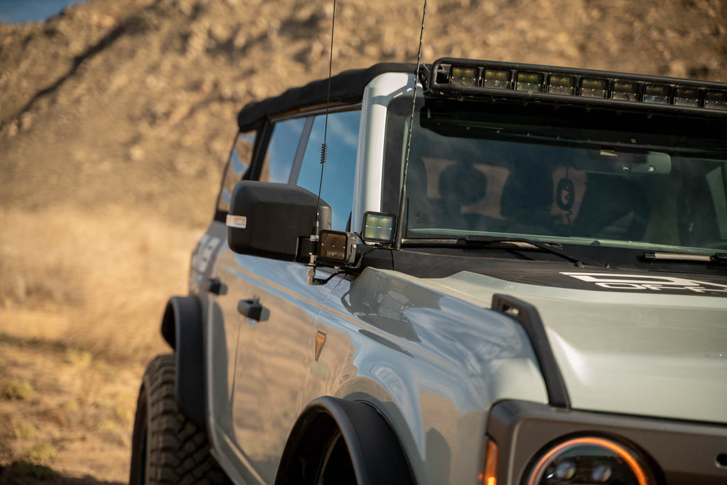 DV8 Offroad 2021-2026 Ford Bronco A-Pillar Dual Light Pod Drop Mounts – installed on vehicle, image 14 of 18