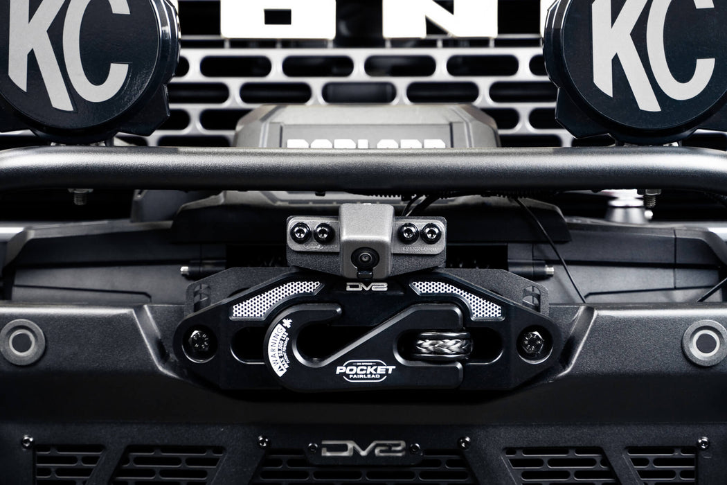DV8 Offroad 2021-2026 Ford Bronco Front Camera Relocation Bracket – installed on vehicle, image 2 of 9