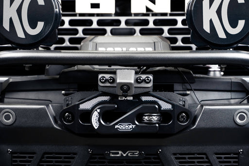 DV8 Offroad 2021-2026 Ford Bronco Front Camera Relocation Bracket – installed on vehicle, image 2 of 9