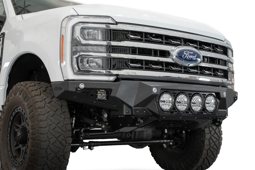 Addictive Desert Designs 2023-2026 Ford Super Duty Bomber Front Bumper Rigid – installed on vehicle, image 1 of 12