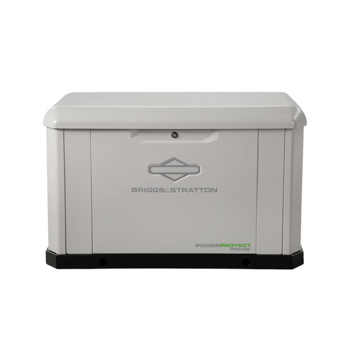 Briggs & Stratton PP22 Standby Generator 22/22kW Bundle + Dual 200A / Split 400S Symphony II SED Power Management Transfer Switch - Front view of Briggs & Stratton PowerProtect PP22 standby generator with closed lid, durable weather-resistant enclosu