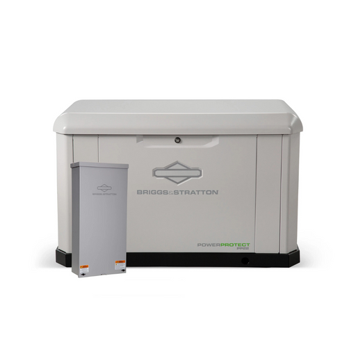 Briggs & Stratton PP22 Standby Generator 22/22kW Bundle + Dual 200A / Split 400S Symphony II SED Power Management Transfer Switch - Briggs & Stratton PowerProtect standby generator with lid closed, shown with an automatic transfer switch positioned o