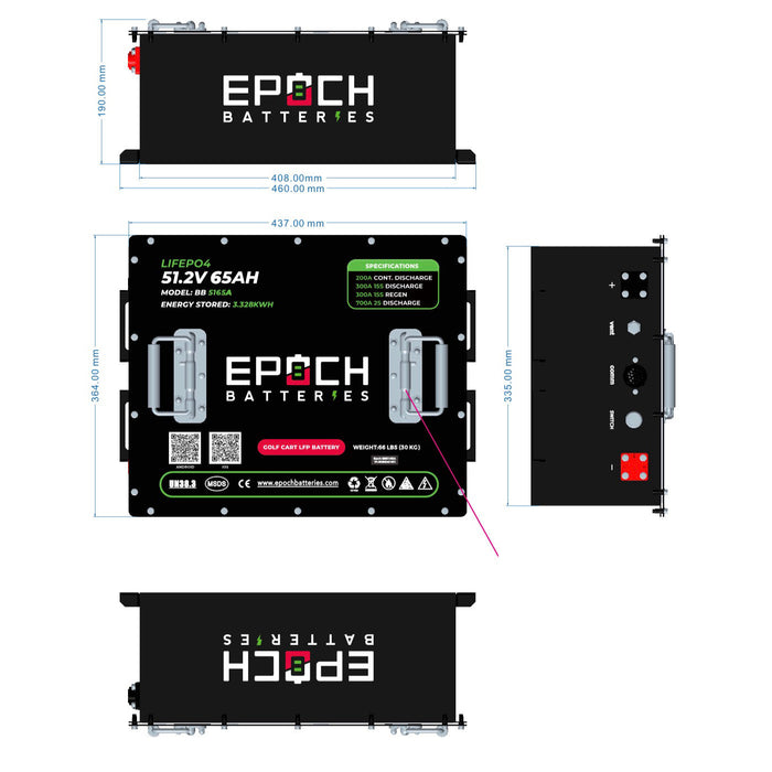 Epoch 48V 65Ah LiMax Series golf cart kit — size comparison