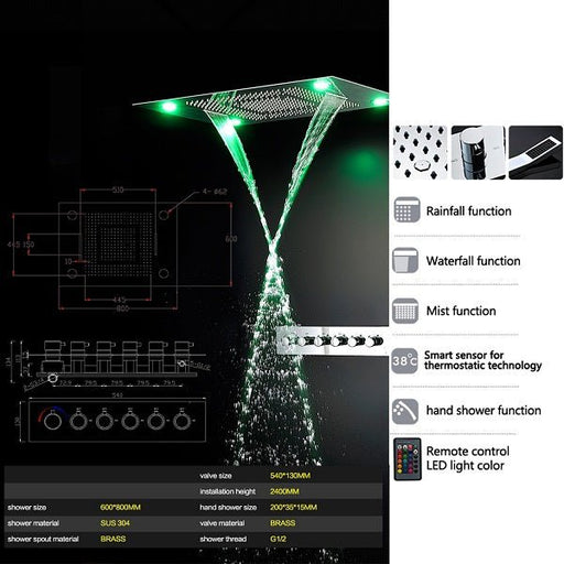 Cascada Showers 23"x31" Luxurious Classic Design Recessed LED Waterfall & Rain Shower System – 6 mode - Alternate View