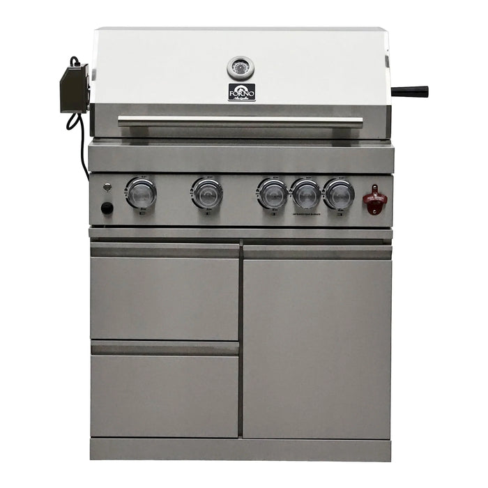 Forno Bulnes Outdoor Kitchen 30-Inch BBQ 60,000 BTU, with Sear, Rotisserie Infrared Burners, 1.8 Cu.Ft. Beverage Center, & Black Countertops (FODKT2506BLK)