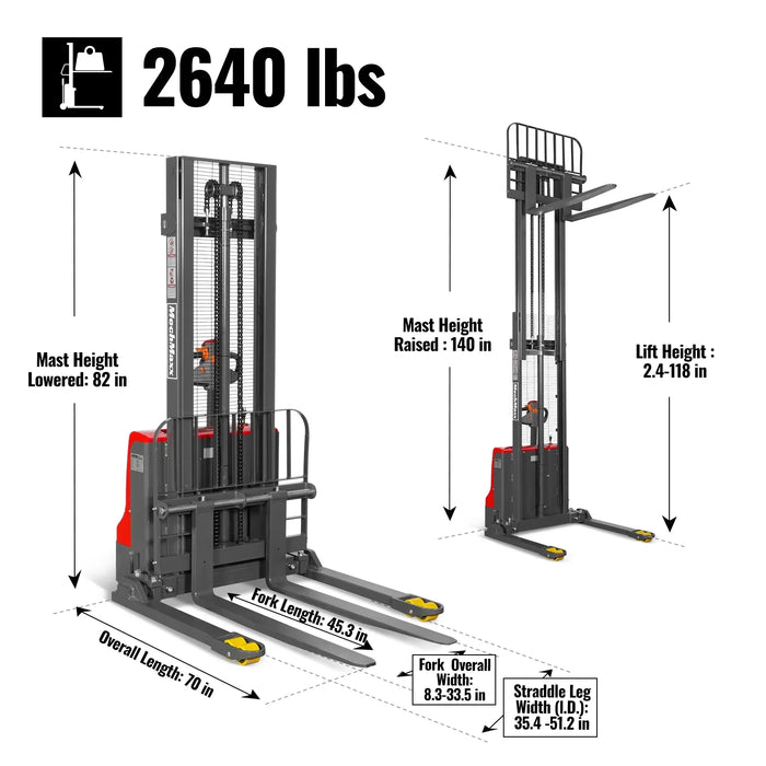 2640lbs Electric Straddle Stacker,  118" Lift,  Adjustable Legs & Fork — dimensions diagram