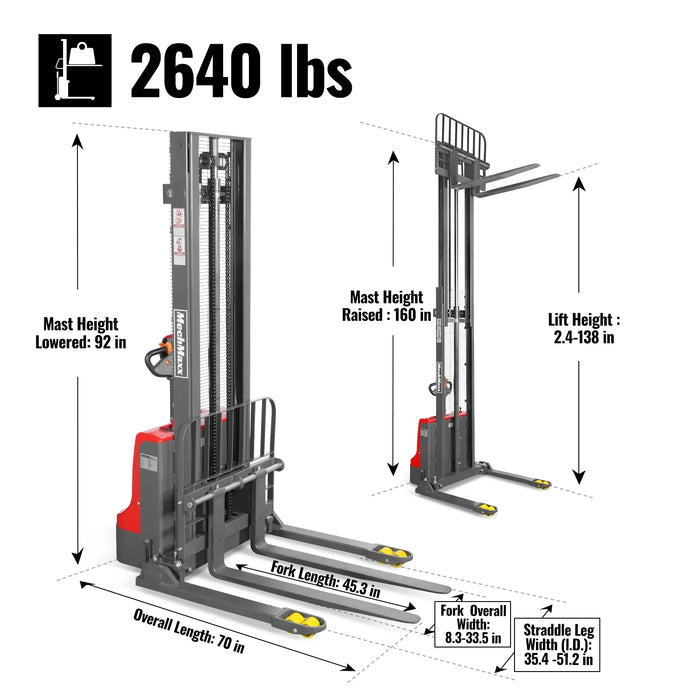 2640lbs Electric Straddle Stacker, 138" Lift,  Adjustable Legs & Forks — dimensions diagram