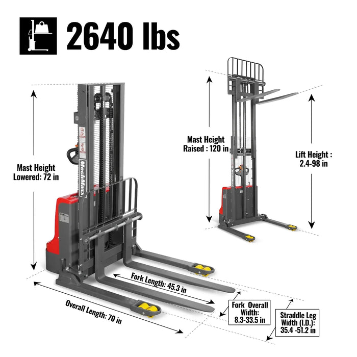 2640lbs Electric Straddle Stacker,  98" Lift,  Adjustable Legs & Forks — dimensions diagram