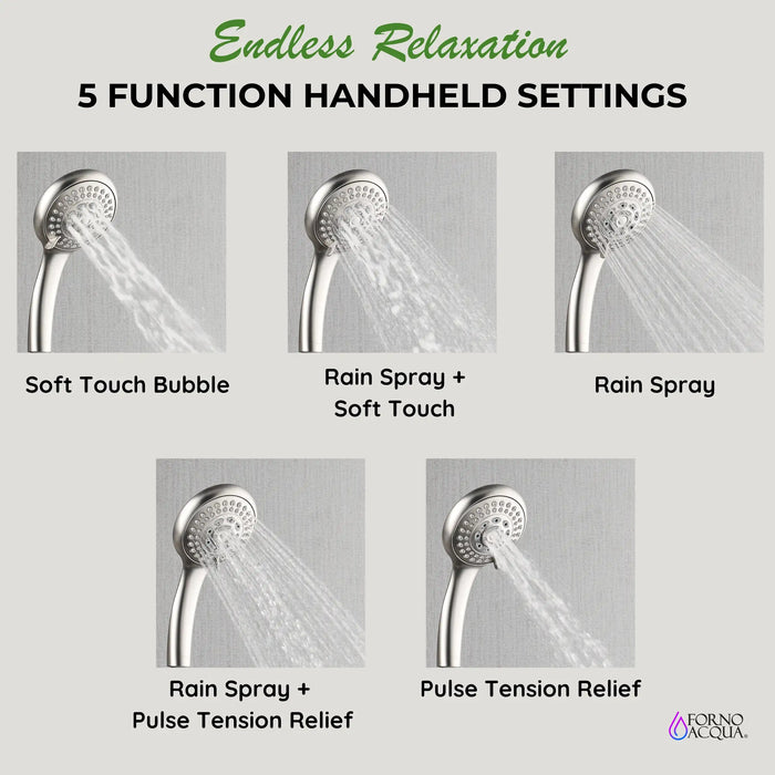 Forno Acqua Fall 8-Inch Overhead Rainfall Shower with 1.8 GPM Flow Rate, Handheld, 7 Way Diverter, Body Jets in Brushed Nickel (SCW2BN-C8)