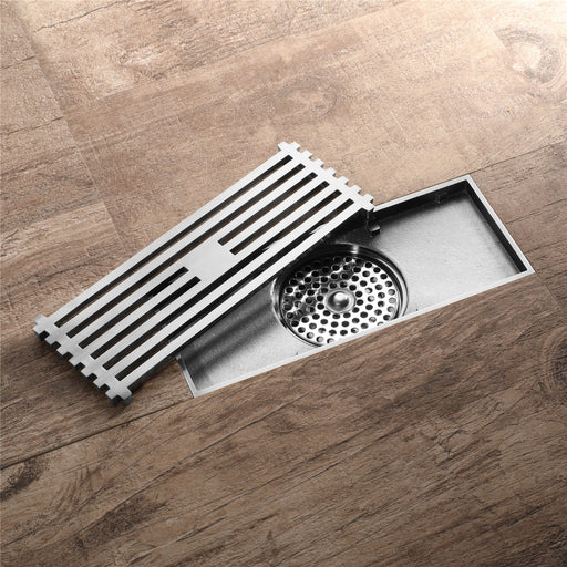 8 Inch Shower Linear Brushed Nickel Drain Rectangular Floor Drain with Accessories Square Hole Pattern Cover Grate Removable Brushed Nickel Brass - front view