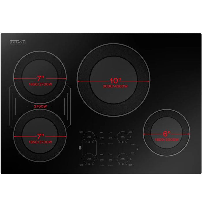 Empava EMPV-30EC82H induction cooktop, top view with zone sizes and power ratings labelled