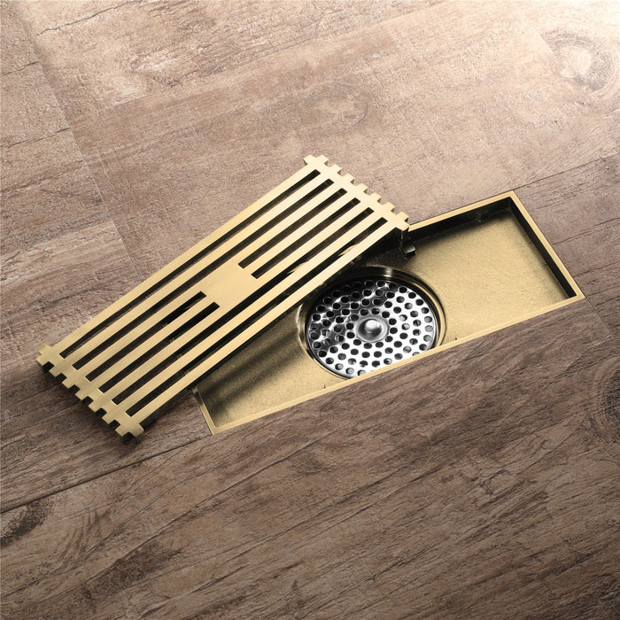8 x3 Inch or 4 x 4 inch Shower Linear Brushed Gold Drain Rectangular Floor Drain with Accessories Square Hole Pattern Cover Grate Removable  Brushed Gold Brass - angle view