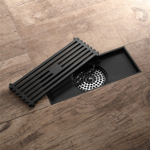 8 Inch Shower Linear Matte black Drain Rectangular Floor Drain with Accessories Square Hole Pattern Cover Grate Removable Matte Black Brass - front view