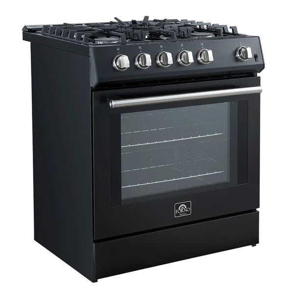 Forno Leonardo Espresso 30-Inch Gas Range in Black with Stainless Steel Handle (FFSGS1116-30BLK) FORNO