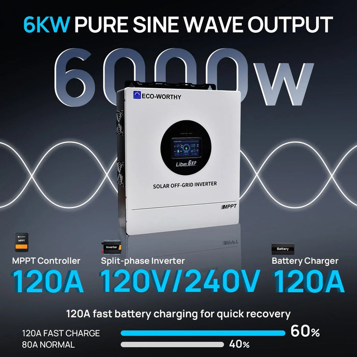 Green Vista Living ECO-WORTHY 6KW Solar Off-grid Split-phase AIO Inverter, 48Vdc to... Power Inverter - Detail View