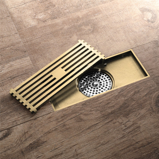 8 x3 Inch or 4 x 4 inch Shower Linear Brushed Gold Drain Rectangular Floor Drain with Accessories Square Hole Pattern Cover Grate Removable  Brushed Gold Brass - front view