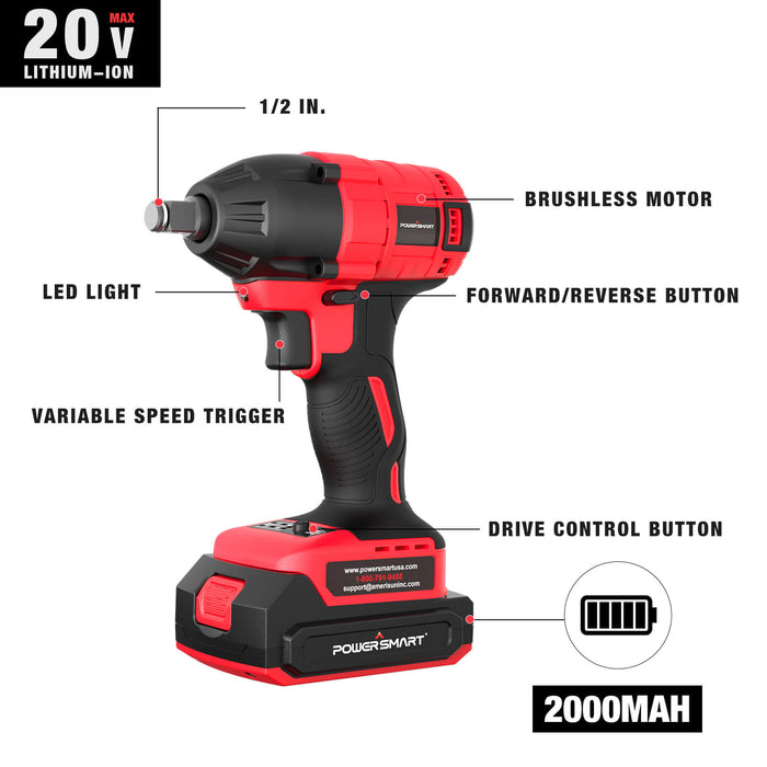 PowerSmart 20V Brushless Cordless Impact Wrench Kit w/ Battery & Charger PS76142B