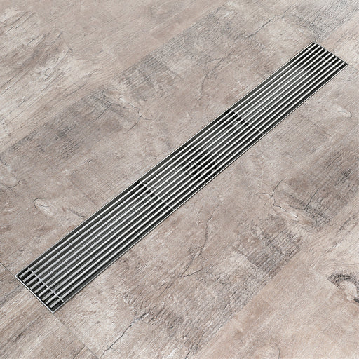 Brushed Nickel Linear shower drain stainless steel material 35.4 inch with grid cover with hair strainer and adjustment feet - front view