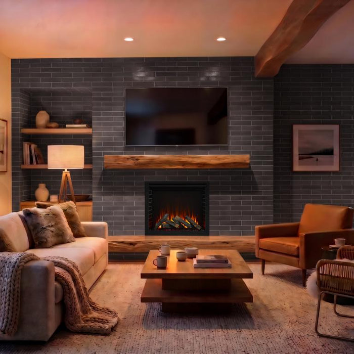 SimpliFire Allusion Heritage traditional electric fireplace with black brick panels and timber logs