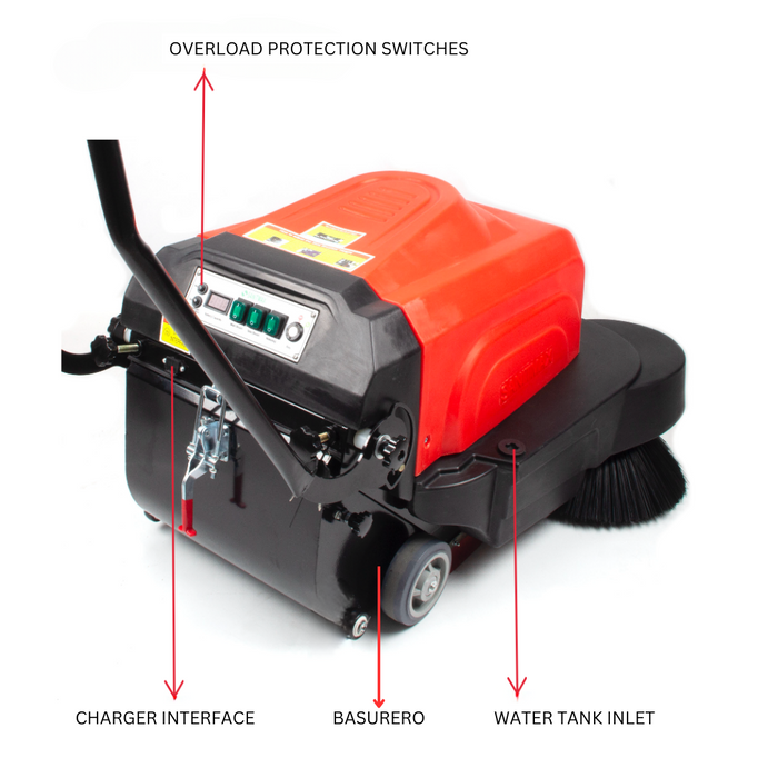 SANITMAX SM1050B 41.3" Battery Powered Walk-behind Floor Sweeper with Water Sprinklers, Triple Brushes - Lifestyle View