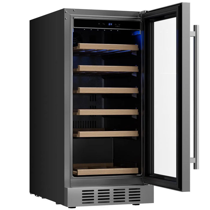 Empava 15 inch wine cooler EMPV-WC09S, angled view with the door open