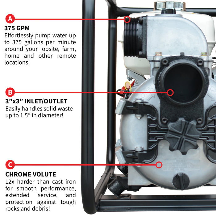Tomahawk Power 3 Inch Trash Water Pump 375 GPM 8 HP GX270 powered by Honda Portable Utility - Product Image 6