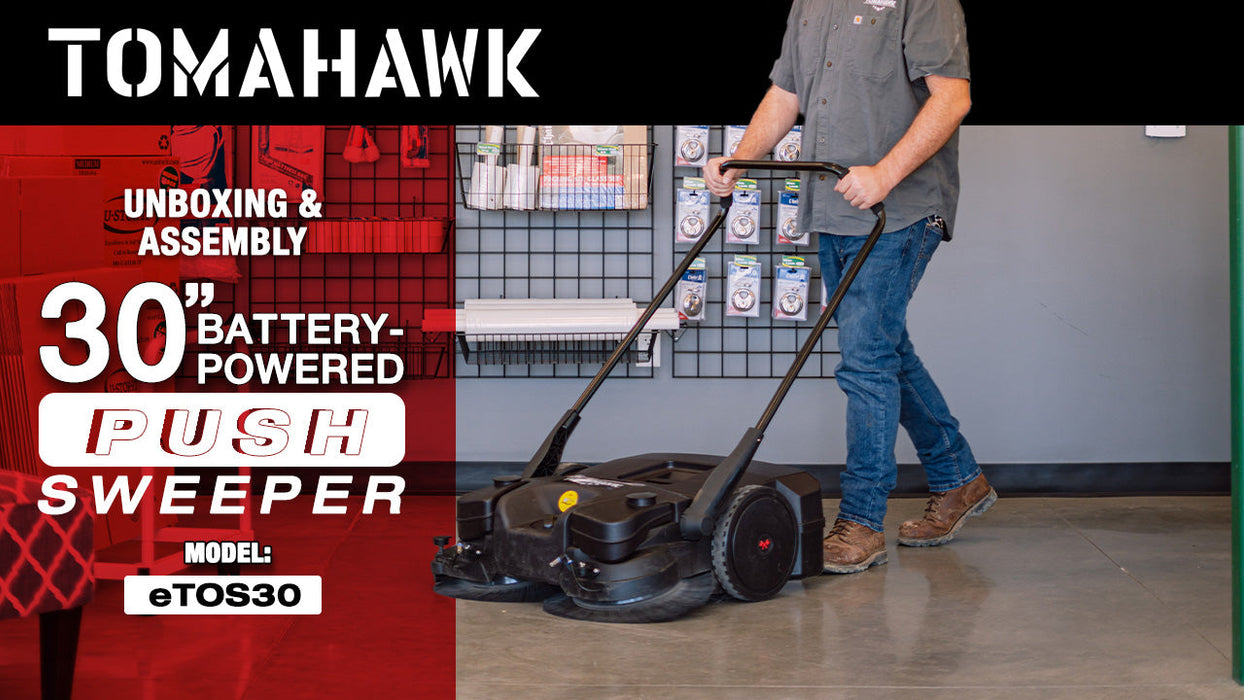 30" Battery Powered Push Sweeper with Triple Power Brooms Electric Drive and Dust Suppression Sprayer - detail close-up