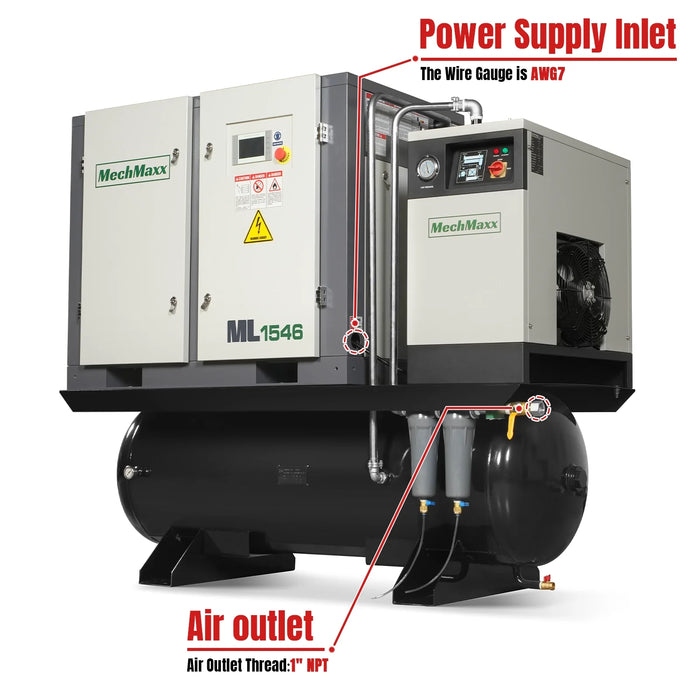 15HP Combined Rotary Screw Air Compressor with Dryer & 105-Gal ASME Ta — angle view