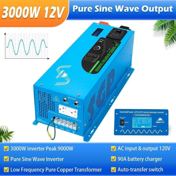 Green Vista Living Sungold Power 3000W DC 12V Pure Sine Wave Inverter With Charger - Side View