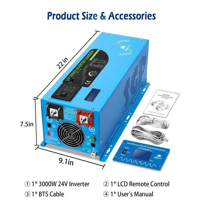 Green Vista Living Sungold Power 3000W DC 24V Pure Sine Wave Inverter With Charger - Dimensions