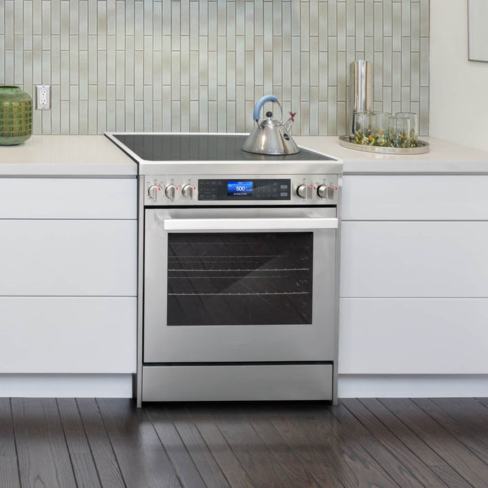 Cosmo 4-Piece Appliance Package - 30-Inch Single Oven Electric Range, Wall Mount Range Hood, Dishwasher, and Refrigerator in Stainless Steel (COS-4PKG-032) Cosmo