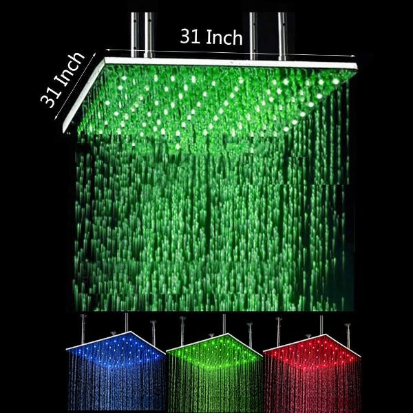 Cascada Showers 31" Square Ceiling Mount Rainfall LED Shower Head, include Shower Arm - Main Product Image