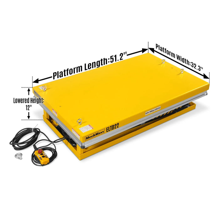 2200 lbs Capacity Stationary Electric Hydraulic Double Scissor Lift Table - 51.2" x 32.3" Platform, 70.1" Lift Height, UL Certified Motor, ELTD22