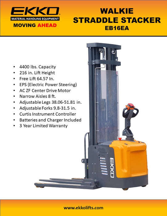 EKKO EB16EA 4,400 lb full-powered straddle stacker