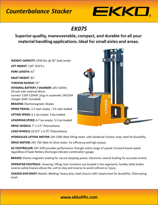 EKKO EK07S 1550 lb Stacker – Electric — view 3