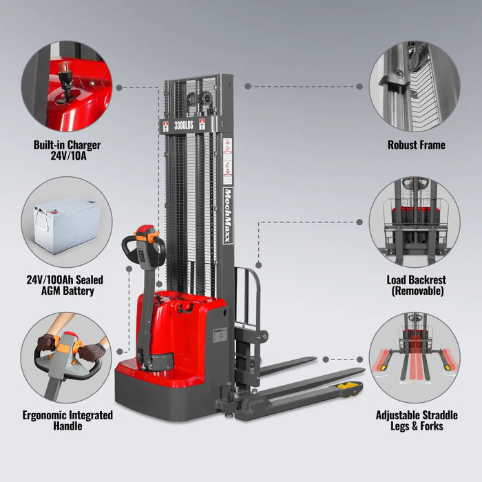 3300lbs Electric Straddle Stacker,  118" Lift,  Adjustable Legs & Fork — view 6