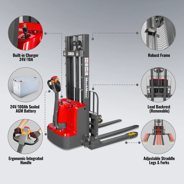 3300lbs Electric Straddle Stacker,  98" Lift,  Adjustable Legs & Forks — view 6