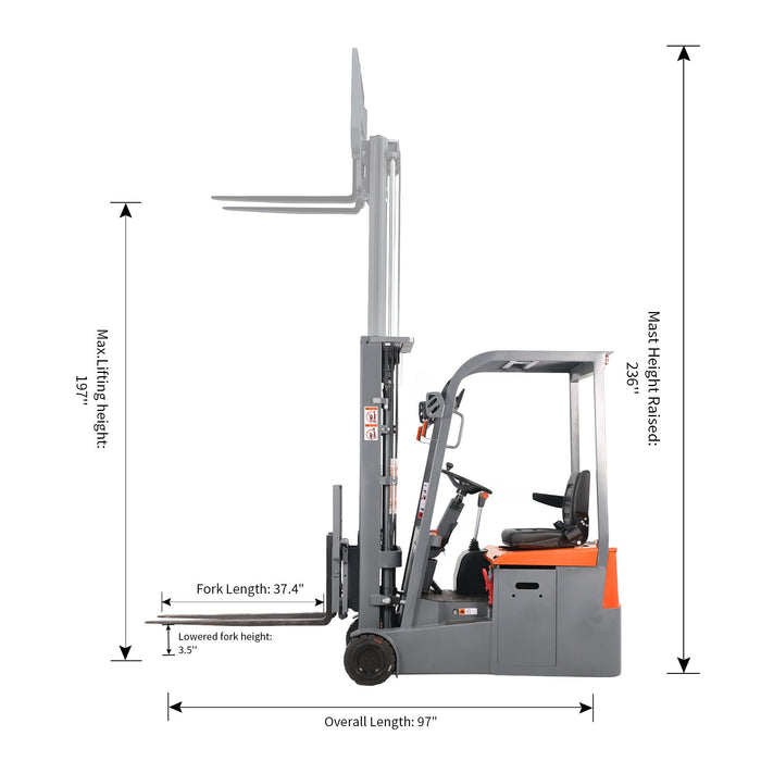 Xilin CPD15SE-197 3 wheel electric forklift fork and load detail