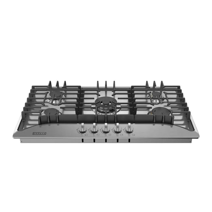Empava EMPV-36GC65-GX 36 inch 5 burner gas cooktop in stainless steel with black grates, front view