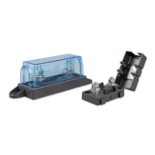 Victron Single Fuse Holder - Victron single MEGA fuse holder with transparent cover and  black fuse mounting base on a white background.