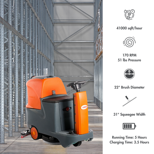 SANITMAX Ride-On Floor Scrubber RT70, 48000 Sqft/H Efficiency, 18.5 Gal Tanks, 31-inch Squeegee Width - Side View