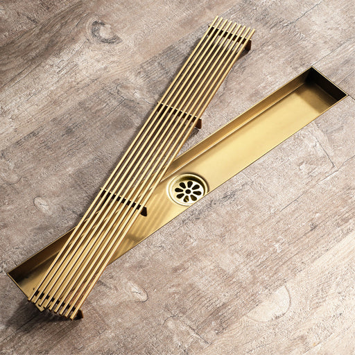 Brushed gold Linear shower drain stainless steel material 35.4 inch with grid cover with hair strainer and adjustment feet - front view