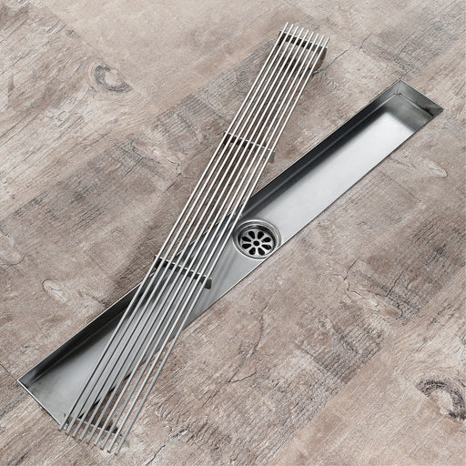 Brushed Nickel Linear shower drain stainless steel material 35.4 inch with grid cover with hair strainer and adjustment feet - angle view